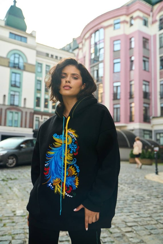 Übergroßes besticktes Baumwollsweatshirt und Hosenanzug, Hoodie