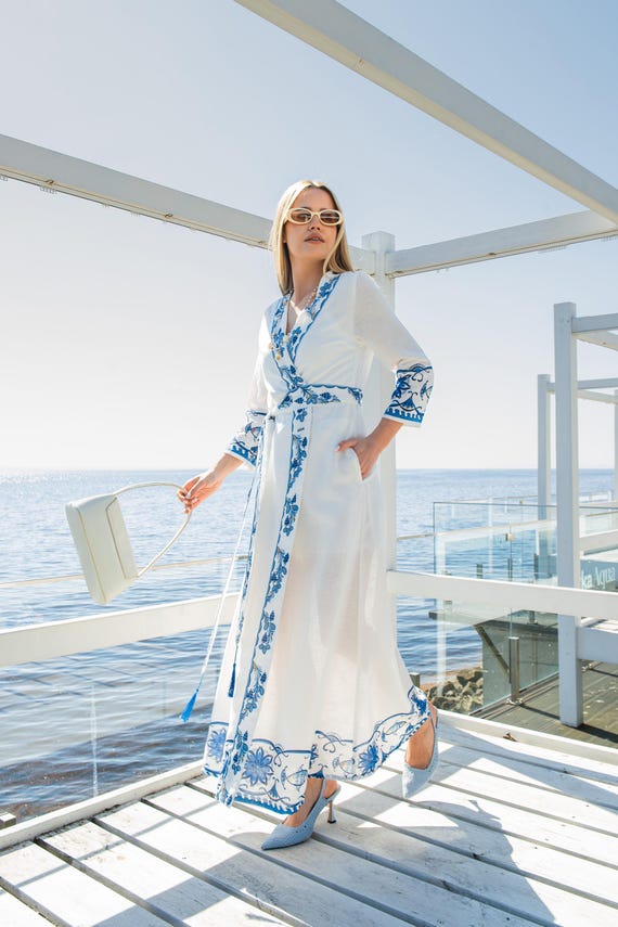 White Linen Wrap Dress Women | Ukrainian Designer Dress | Coastal Summer Maxi Dress