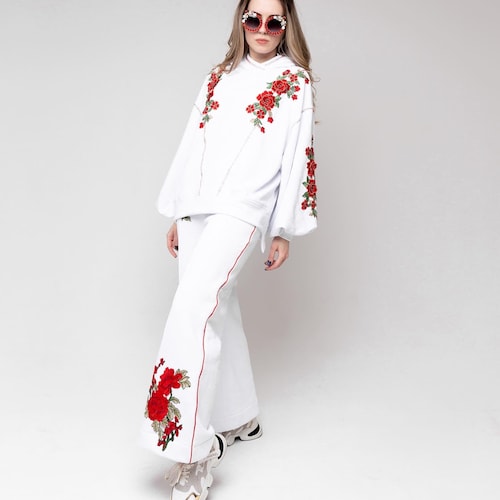 Black embroidered hoodie and black palazzo pants, shops wide trousers and oversize shirt, women's summer suit, 2 pieces