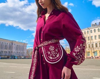 Burgundy Linen Shirt Dress Embroidery with Belt Pocket  – Boho Mini Folk Dress, Vyshyvanka dress, Floral dress, Boho linen dress Ukrainian