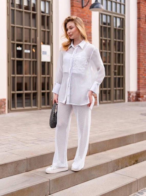 Sheer Organza Shirt, White Lined Pants, Tank Top White Sheer Organza Shirt, White Lined Pants, Tank Top White