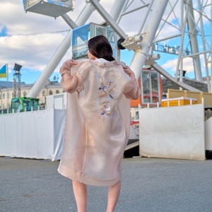Silk Embroidered Set – Sheer Organza Trench, High Waist Shorts & Cotton Tee, Silk Sheer Coat, Transparent clothing, organza kimono
