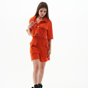 Linen summer orange suit, women's t-shirt and shorts, minimalist wear, oversize top and high waist shorts image 3