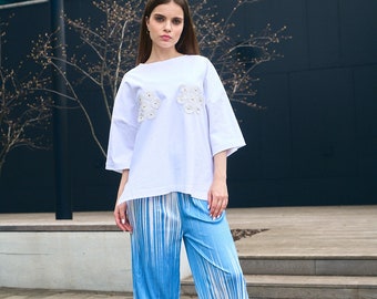 Cotton oversized T-Shirt and  pleated waist pants suit, Linen Suit, cotton blouse, cotton two piece set, Ukraine women's summer suit,