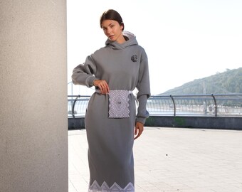 Oversized Hoodie Dress – Grey Cotton Fleece Sweatshirt Dress with Lace Hem and Crochet Flower – Modest Handmade Clothing