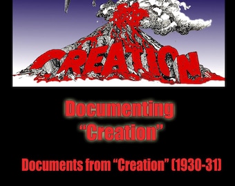 Puede incluir: Una ilustración en blanco y negro de un pterodáctilo volando sobre un volcán rojo con la palabra "Creación" escrita en letras rojas. El texto "Archivos de la Isla Calavera: Datos sin procesar Volumen 6" está en la parte superior de la imagen. El texto "Documentando "Creación"" está debajo del volcán. El texto "Documentos de "Creación" (1930-31)" está en la parte inferior de la imagen.