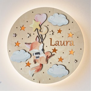 Smart Fox - Personalisierte LED Nachtlampe aus Holz für Kinder