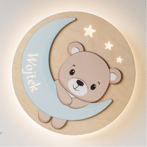 Teddybär auf dem blauen Mond - Personalisierte LED Nachtlampe aus Holz für Kinder