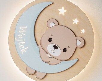 Teddybär auf dem blauen Mond - Personalisierte LED Nachtlampe aus Holz für Kinder