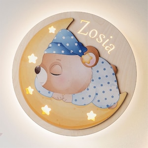 Schläfriger Teddy - Personalisierte LED Nachtlampe aus Holz für Kinder