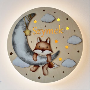 Fuchs auf dem Mond - Personalisierte LED Nachtlampe aus Holz für Kinder