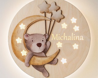 Teddybär auf dem Mond - Personalisierte LED Nachtlampe aus Holz für Kinder