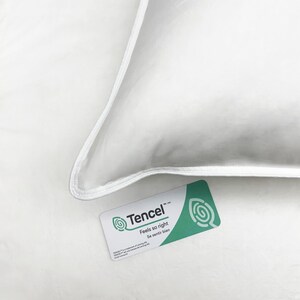 May include: A white pillow with a white border. A green and white label with the text "TENCEL" and "Feels so right. Se sentir bien" is in the bottom right corner of the image.