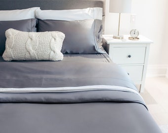 Silkiest Sheet Set | Soft and Noiseless | Flat Sheet, Fitted Sheet & Pillowcases | Blue White Grey