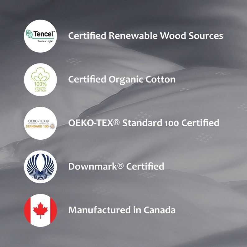 May include: Five circular logos with text describing certifications for sustainable and ethical manufacturing practices. The logos include Tencel, 100% Organic Cotton, OEKO-TEX&reg; Standard 100, Downmark&reg;, and a Canadian flag with the text "Manufactured in Canada".