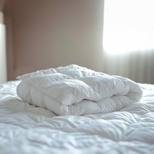 May include: A white down comforter folded on a white bed. The comforter is made of soft, fluffy down and has a quilted design.