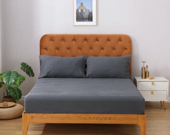 Sábana ajustable 100% lino francés / Lino cultivado en Francia / Caqui, verde, blanco, gris