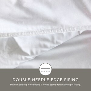 May include: Close-up of white fabric with a double needle edge piping detail. The text "DOUBLE NEEDLE EDGE PIPING" is below the fabric. The text "Premium detailing, more durable & prevents seams from unraveling or tearing." is below the text "DOUBLE NEEDLE EDGE PIPING".