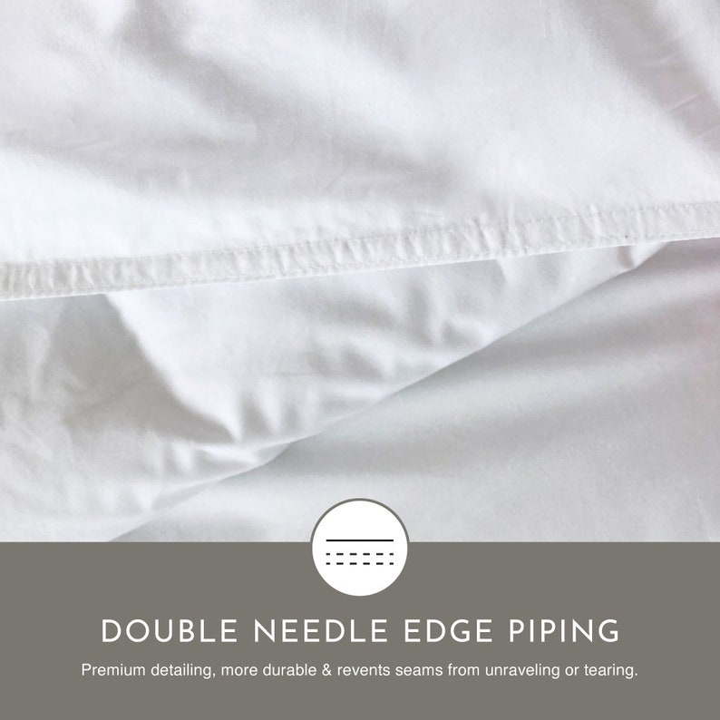 May include: Close-up of white fabric with a double needle edge piping detail. The text "DOUBLE NEEDLE EDGE PIPING" is below the fabric. The text "Premium detailing, more durable & prevents seams from unraveling or tearing." is below the text "DOUBLE NEEDLE EDGE PIPING".