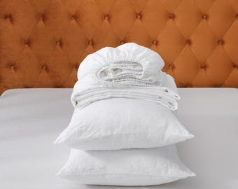 Juego de sábanas 100% lino francés / Lino cultivado en Francia / Sábana encimera, sábana bajera y fundas de almohada / Verde caqui, blanco y gris