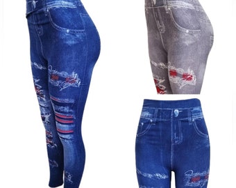 Women's High Waist Skinny Leggings, Printed Denim Pencil Jeggings, Stretchy & Comfortable, Blue and Gray, Casual Pants, One Size Fitting