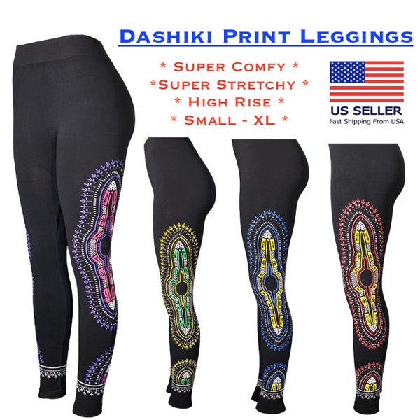 Women's African Dashiki Printed Leggings, High-Rise Ankle-Length Leggings, Small to X-Large, Very Comfy and Stretchy