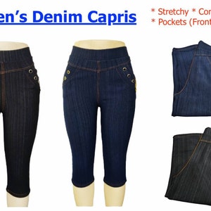 Blue Flap Pockets Capris Cargo Pants, Slim Fit High-Stretch Drawstring  Elastic Waist Jeans, Women's Denim Jeans & Clothing