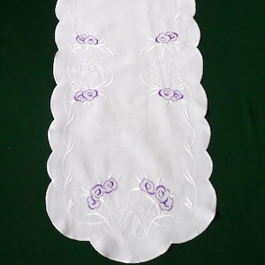 Vintage table runner with floral  embroidery, purple flowers embroidery, vintage table topper, fawns
