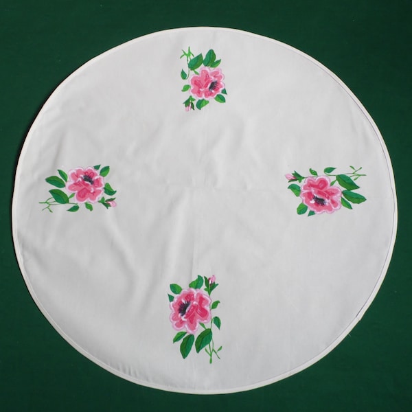 Mantel vintage, mantel redondo pintado con rosas, vintage sueco, topper de mesa redondo pintado