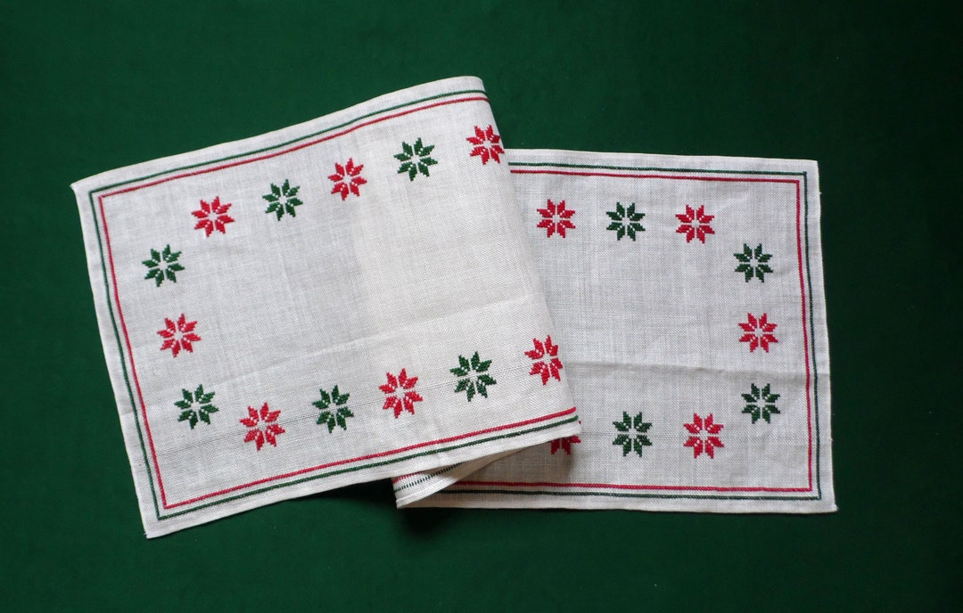 Vintage Christmas Table Runner With Hand Embroidery, Cross Stitch