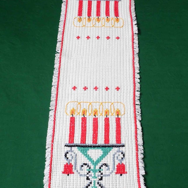 vintage Swedish table runner, Christmas table runner, embroidered Christmas table topper with fringe, Christmas cross stitch