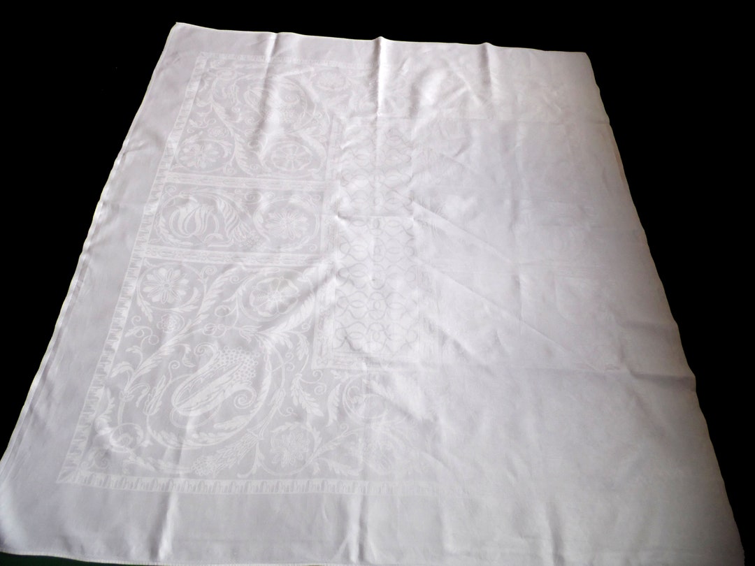 Vintage Cotton Damask Tablecloth, Big Damask Tablecloth, Vintage White