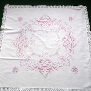 Vintage linen square tablecloth with hand embroidery, hand embroidered tablecloth, cross stitch, lace