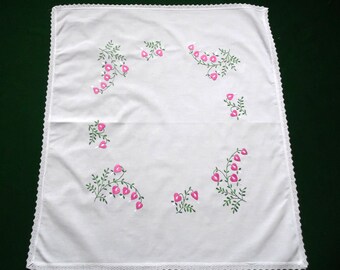 Vintage floral tablecloth, embroidered tablecloth, Swedish vintage, floral tablecloth, table topper with hand embroidery, pink flowers