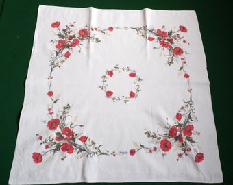 Vintage linen tablecloth, printed tablecloth, Swedish vintage, floral tablecloth, flowers, floral print, poppies