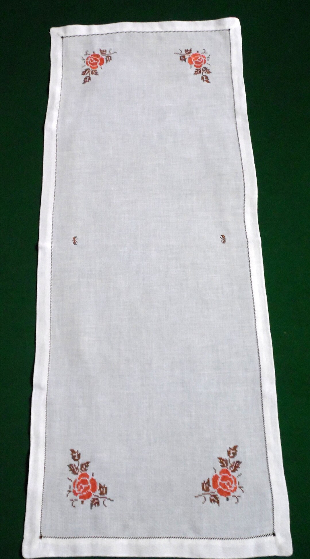 Vintage Table Runner With Cross Stitch Embroidery, Roses Table Runner
