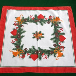 Vintage Christmas tablecloth, printed Christmas square tablecloth with bells and hearts