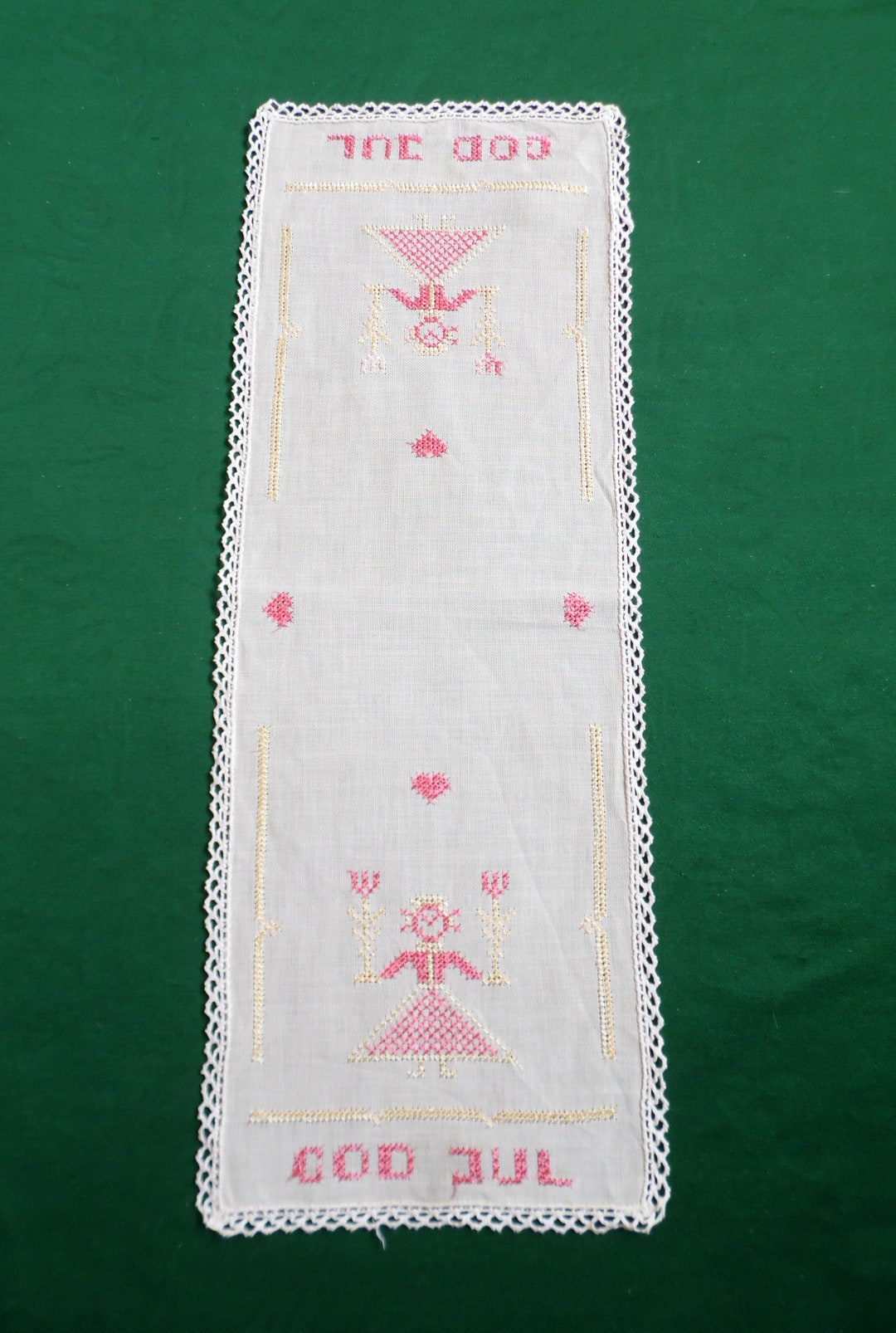 Vintage Christmas Table Runner With Hand Embroidery, Cross Stitch