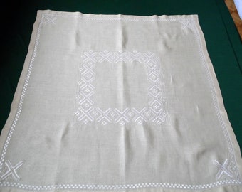 Vintage square tablecloth with hand embroidery, embroidered vintage table topper