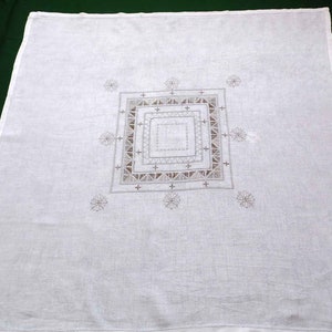 Vintage linen square tablecloth with hand embroidery, vintage linen table topper, white linen tablecloth