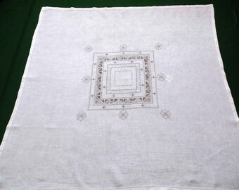 Vintage linen square tablecloth with hand embroidery, vintage linen table topper, white linen tablecloth