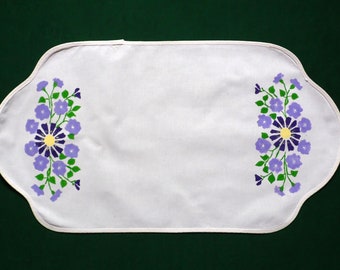 Vintage hand printed table runner with purple flowers, vintage table topper with flowers print, vintage table runner