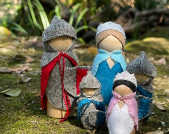 Princess Gwen and Knight Arthur Digital Clothes Pattern for Steiner Inspired Peg Dolls, Gwen and Arthur Family