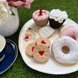 High Tea Felt Pattern, Felt Play Food, Donut, Cupcake, Tea Bag, Jam Drop Cookie