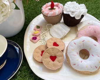 High Tea Felt Pattern, Felt Play Food, Donut, Cupcake, Tea Bag, Jam Drop Cookie