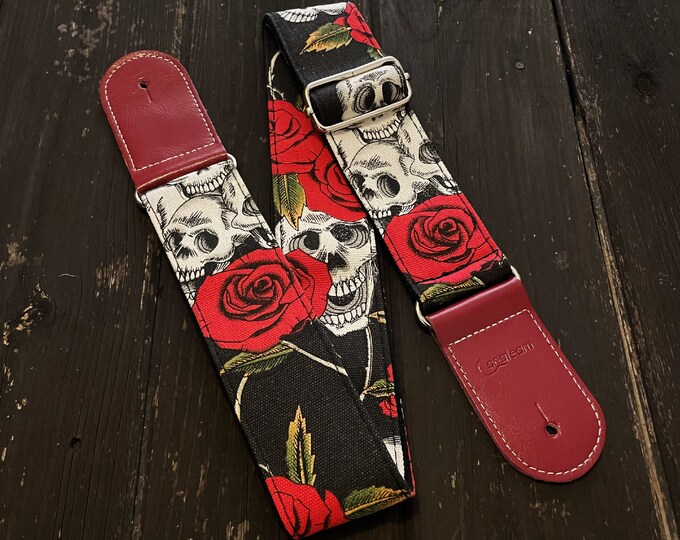 Skull and Roses Guitar Strap, for Electric Bass and Acoustic Guitars