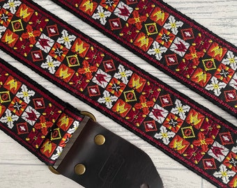 Red and black guitar strap / Electric bass acoustic guitar strap / Vintage guitar strap / Woven guitar strap / Hippie guitar strap /
