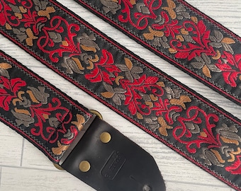 Black and red jacquard guitar strap / Electric bass acoustic guitar strap / Vintage guitar strap / woven guitar strap / handbag guitar strap