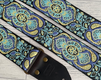 Blue and yellow guitar strap / Electric bass and acoustic guitar strap / Vintage guitar strap / Retro guitar strap / Woven guitar strap