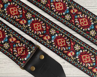 Red jacquard guitar strap / Electric bass and acoustic guitar strap / Vintage guitar strap / Woven guitar strap / handbag guitar strap / Art